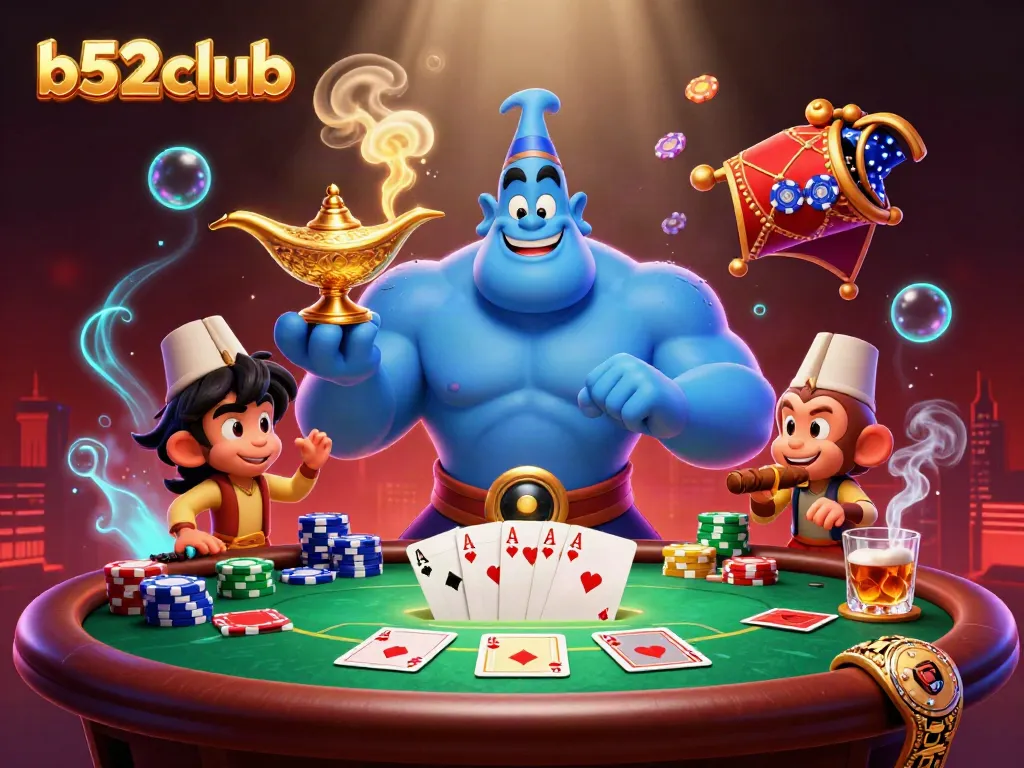 Engage in thrilling games at b52club with a dynamic 3D poker scene featuring vibrant characters and rich elements.