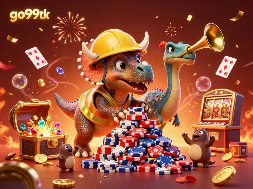Experience the thrill of gambling with go99tk in this vibrant 3D casino illustration featuring a triceratops and colorful elements.