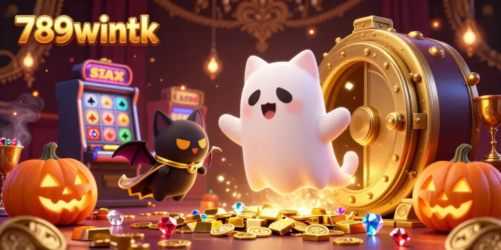 Experience thrilling gaming at 789wintk with vibrant casino elements and friendly ghost characters.