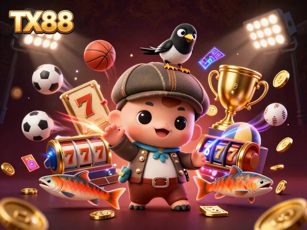 TX88 engages players with thrilling slot reels, presenting a vibrant gambling illustration.