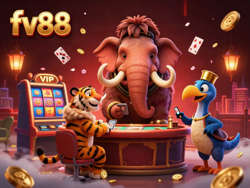 Experience exciting gameplay at FV88 casino with a vibrant illustration of a woolly mammoth bouncer, VIP saber-tooth tiger, and dodo doorman.