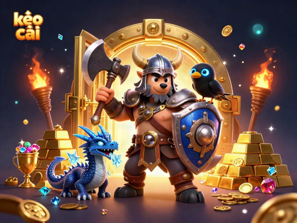 Bet on kèo nhà cái with strategic Viking warrior amidst treasure and excitement.