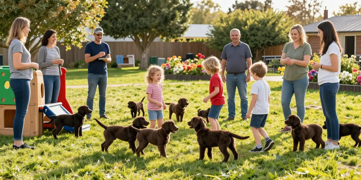 Chocolate labrador breeder showcasing playful puppies in a lively outdoor environment with families engaging happily.