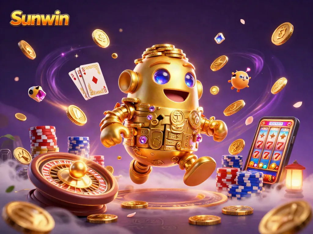 Sunwin players engage with a dynamic 3D illustration of a golden golem adorned with slot symbols while surrounded by casino elements.
