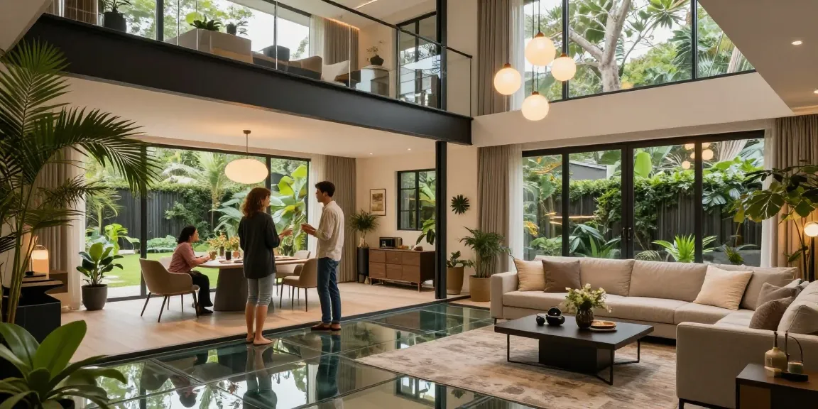 Stylish living room showcasing walkable glass panels underfoot, enhancing natural light in a modern open-concept home.