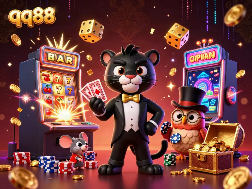 Experience the thrilling world of qq88 with a stylish black panther dealer, poker chips, and a lucky mouse amid Jackpot explosions.