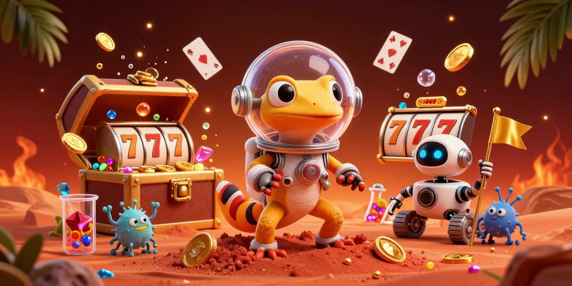 Experience thrilling f8bet casino adventures with a Martian gecko uncovering treasures amidst vibrant elements.