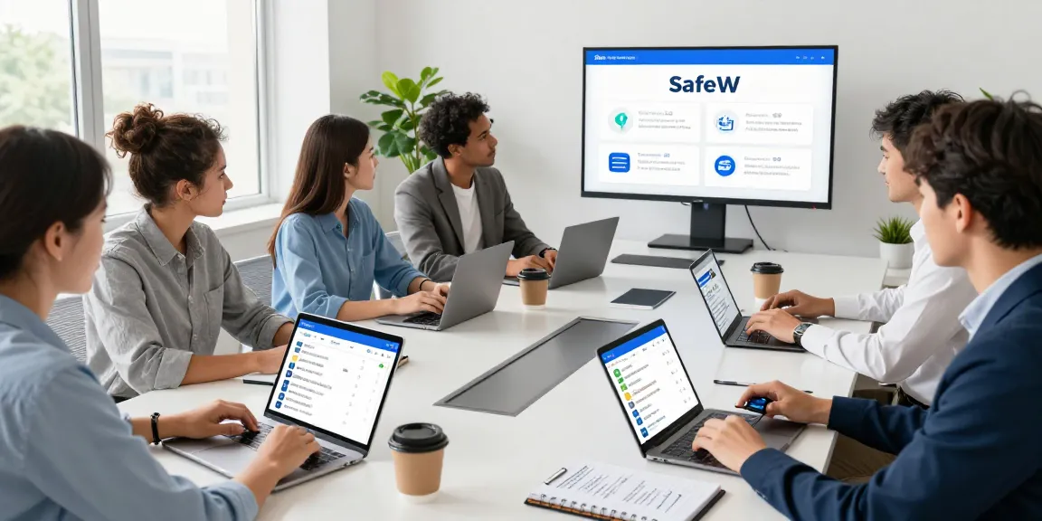 展示SafeW官网下载应用界面的专业团队协作场景，体现安全即时通讯的优势。