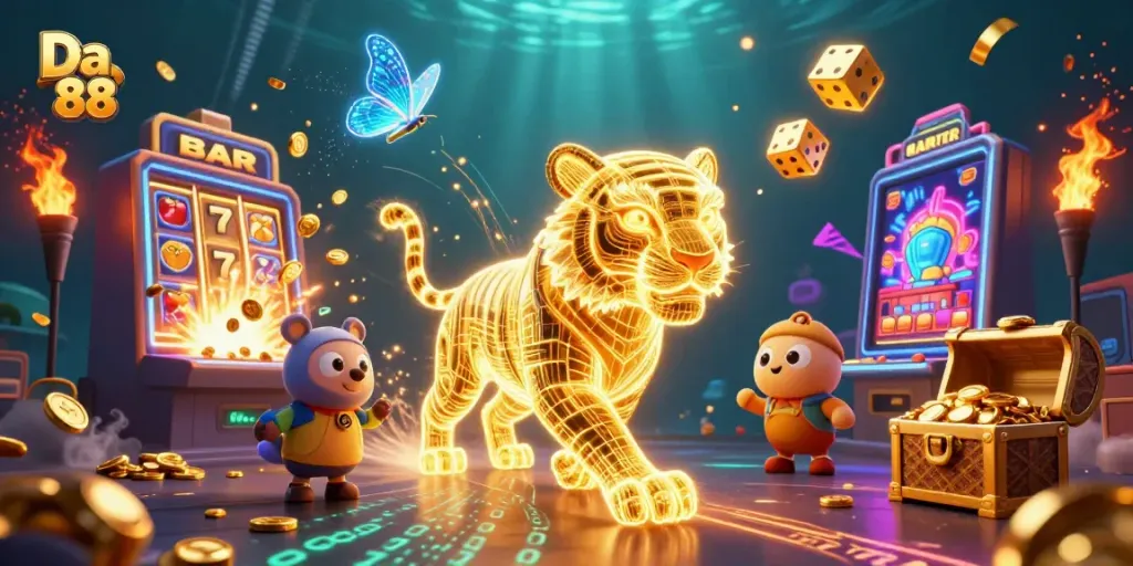 Experience the excitement of Da 88 with a neon-light tiger and jackpot slot explosions in a vibrant casino