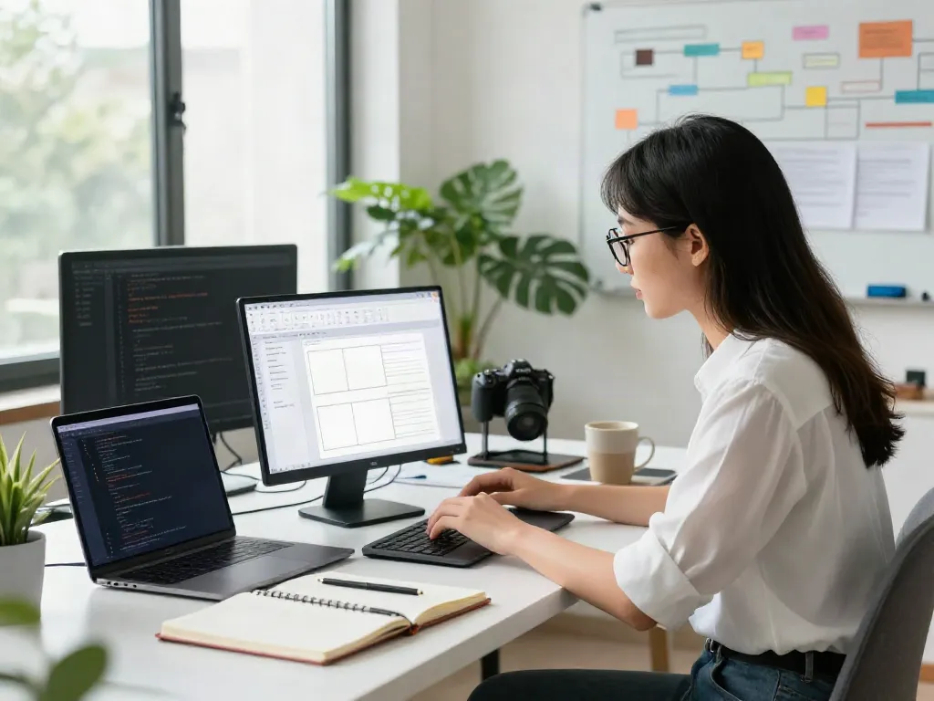 Web developer optimizing content for instant indexing in a modern office.