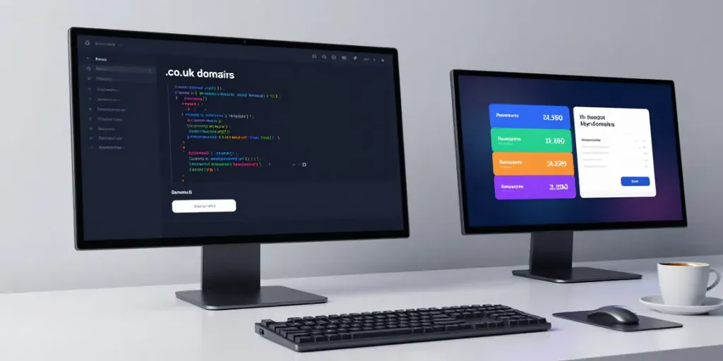 Discover cheap .co.uk domains in a modern developer workspace with dynamic pricing visuals.