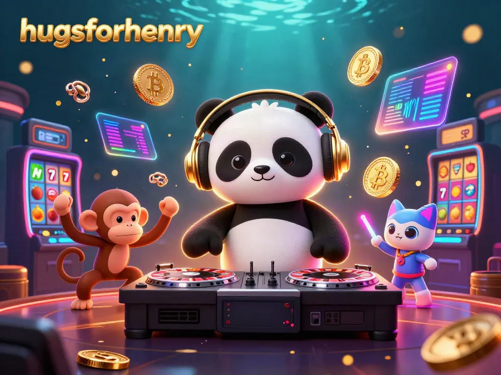 Engaging casino scene featuring hugsforhenry elements with DJ panda, dancing monkey, and glowing kitten