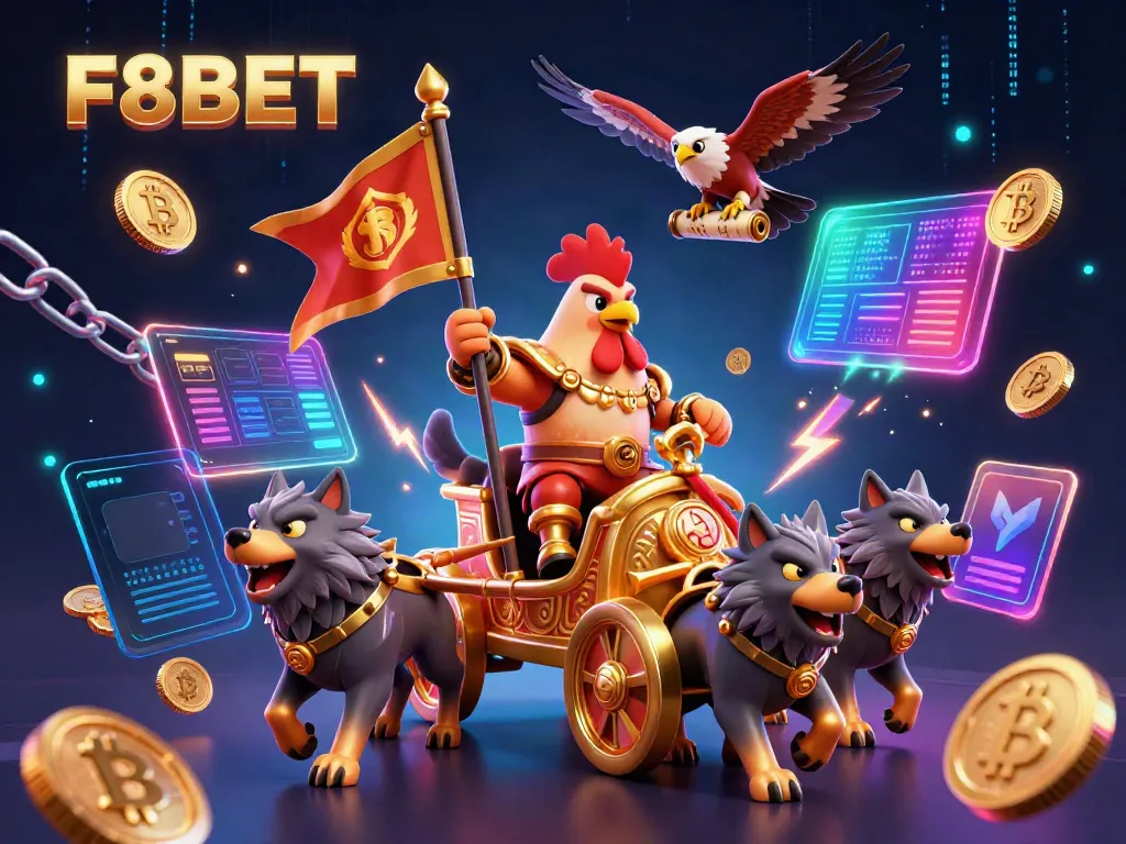 F8BET showcases a dynamic 3D casino scene with a rooster warlord and wolves amid neon crypto coins.
