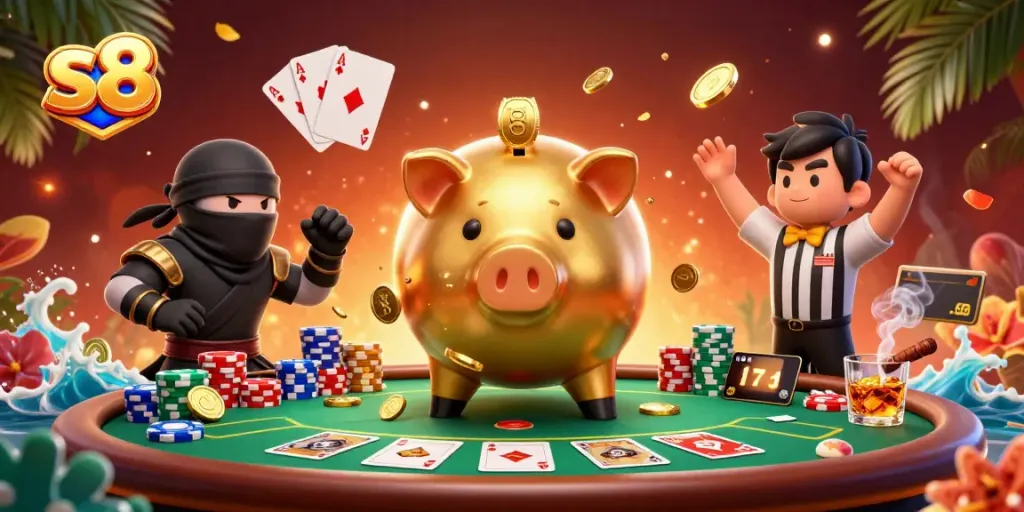 Experience the excitement of s8 casino with vibrant 3D characters in an engaging poker scene.