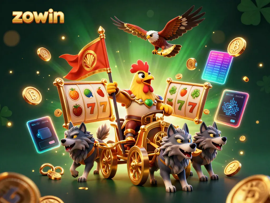Spin the reels with Zowin in this vibrant casino scene featuring a rooster warlord.
