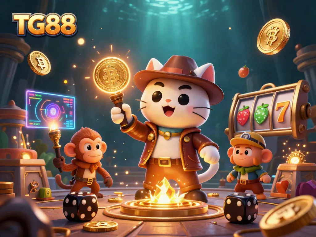 Experience the thrill of TG88 with a vibrant illustration featuring an explorer cat at a golden casino artifact.