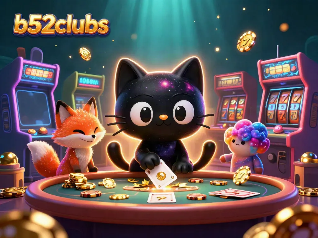 Engage in thrilling gameplay at b52clubs with a whimsical cosmic casino experience, featuring a black hole cat and a nebula fox.
