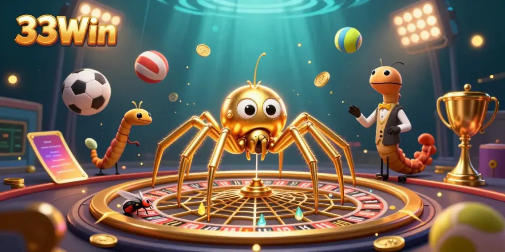 Engage with 33Win's thrilling casino experience featuring a roulette wheel web by a golden spider.