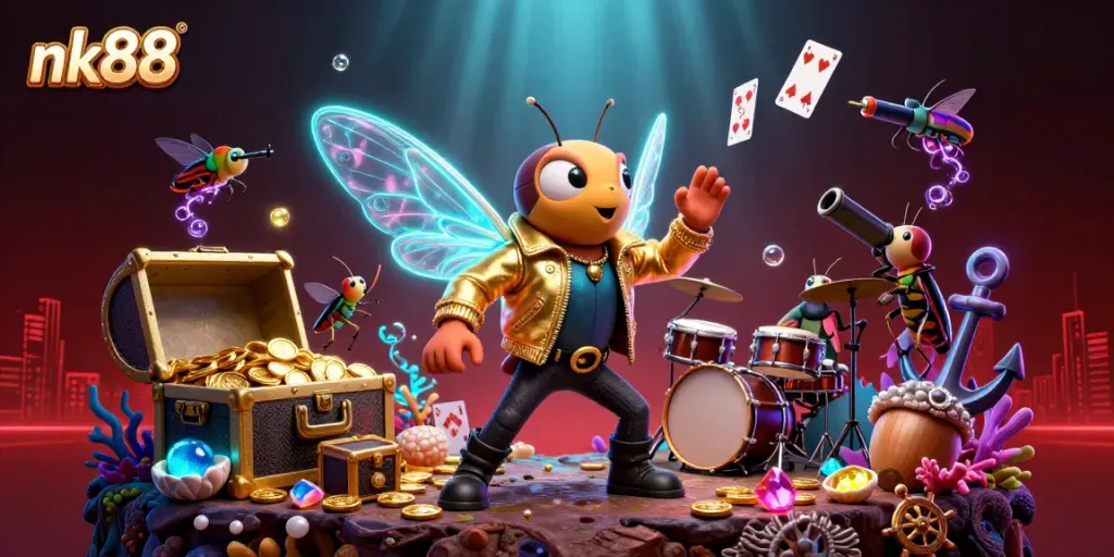 Engage with nk88's vibrant gaming scene, featuring a rock star cicada and dynamic casino elements.