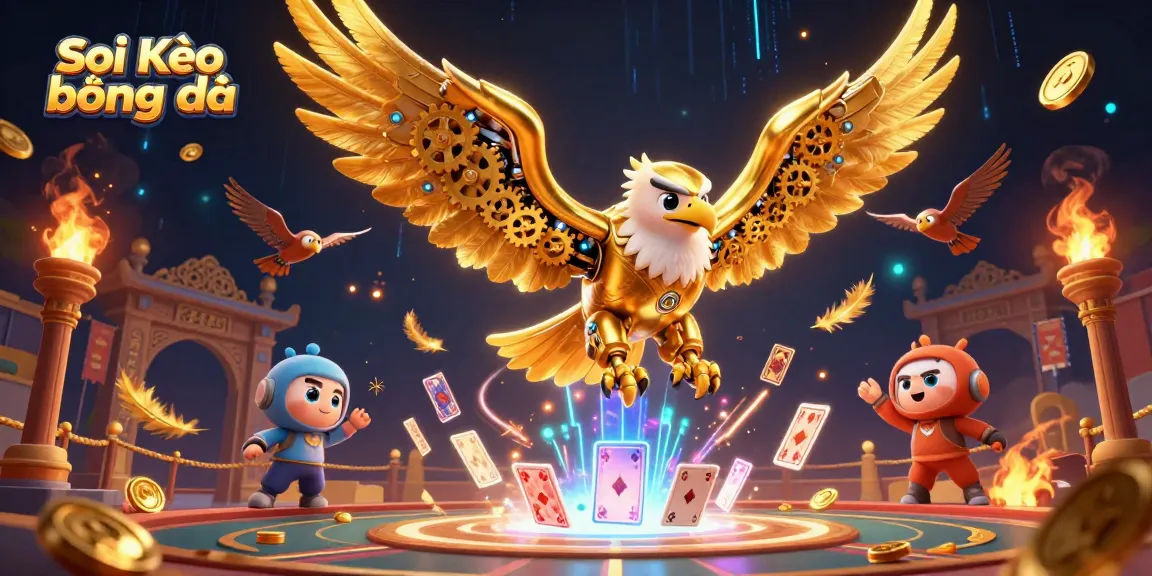 Soi Kèo bóng đá betting scene with a dynamic cybernetic eagle and vibrant sports elements