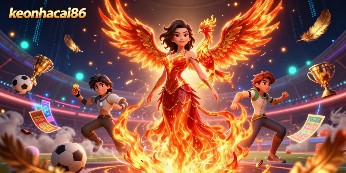 Engage in thrilling sports betting with keonhacai86's dynamic illustration showcasing a fiery Asian woman and vibrant stadium atmosphere.