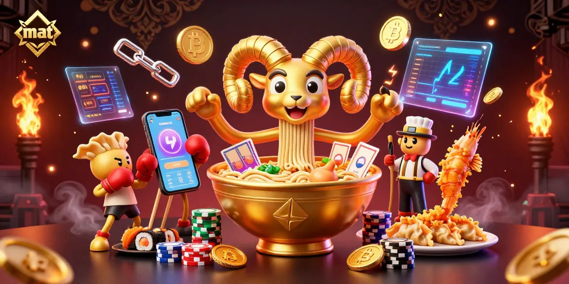 Engage with mat in a vibrant casino-themed 3D scene featuring ramen characters and crypto elements.