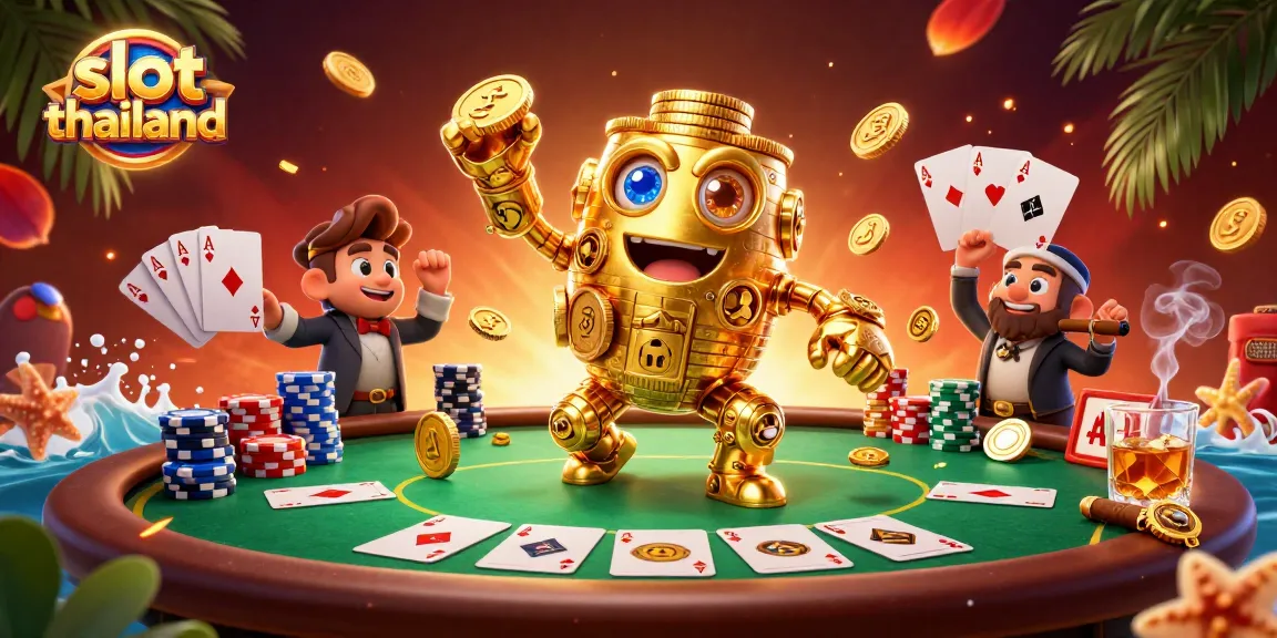 Play thrilling slot thailand games with a golden golem surrounded by vibrant poker elements.