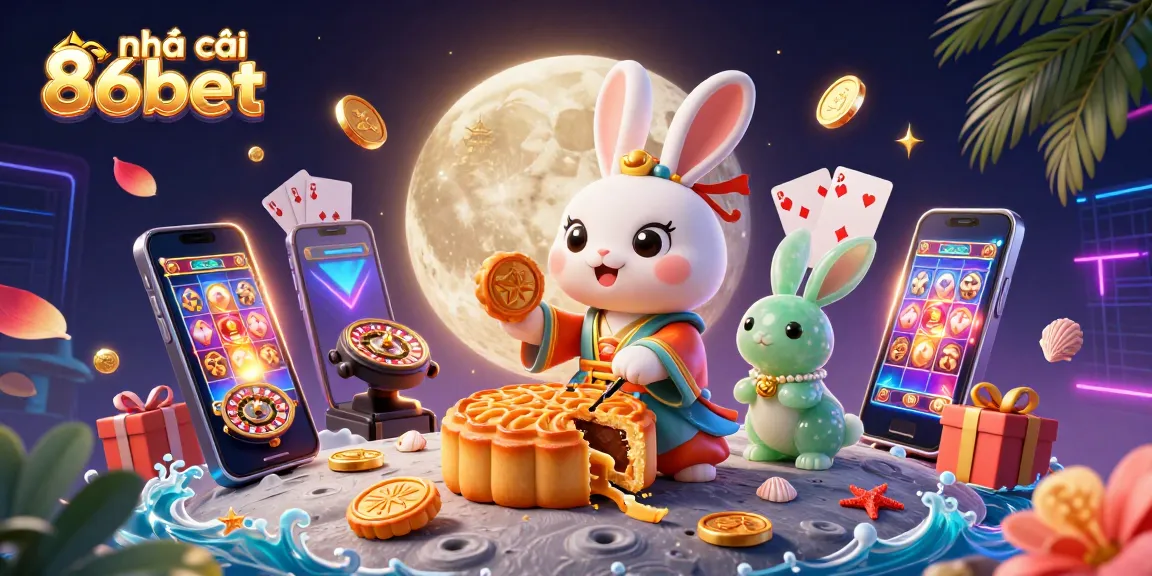 Engage with the excitement at nhà cái 86bet, featuring a playful moon rabbit surrounded by dynamic casino game elements.