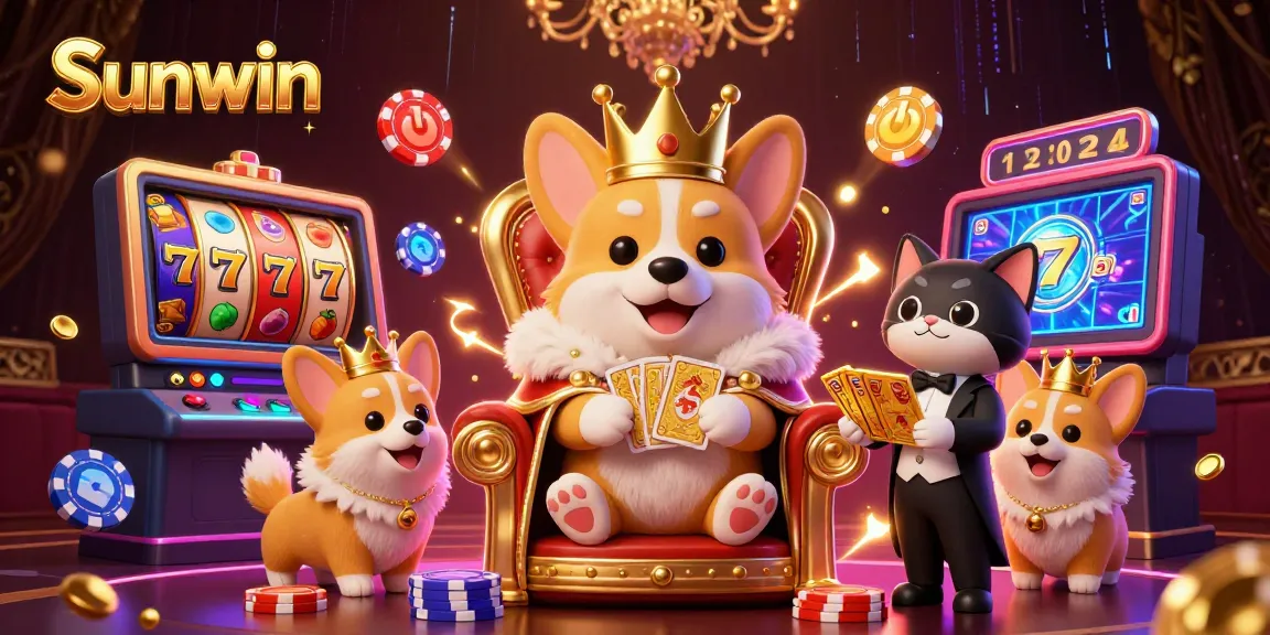 Engage with Sunwin's exciting casino games featuring a royal corgi on a poker chip throne.