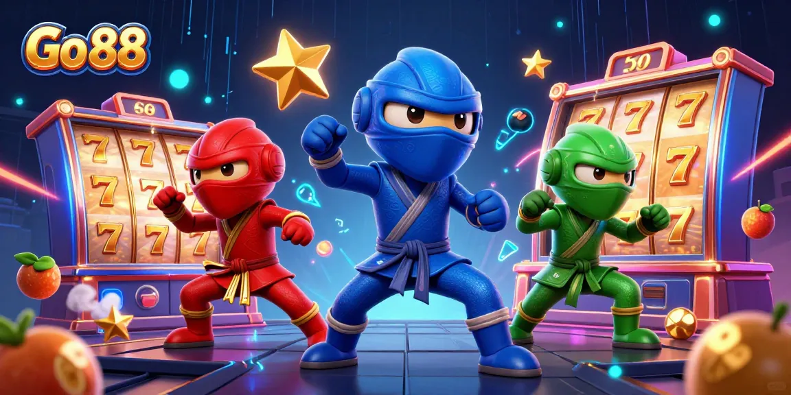 Experience thrilling gameplay at Go 88, with 3D slot reels spinning and vibrant colors bursting around expert chameleons.