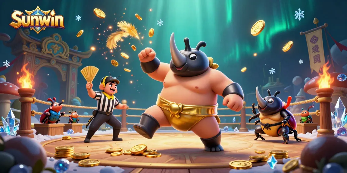Exciting Sunwin casino scene with a rhinoceros beetle champion celebrating wins with golden coins and dynamic characters.