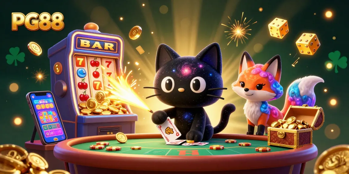 Engage with PG88's vibrant gaming scene as a cosmic cat captivates with slot machines and roulette excitement.