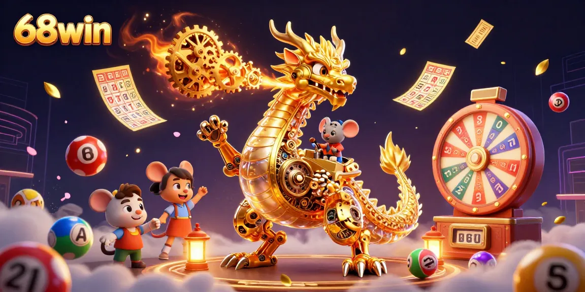 Experience the exciting games of 68win with a vibrant, dynamic 3D casino illustration.