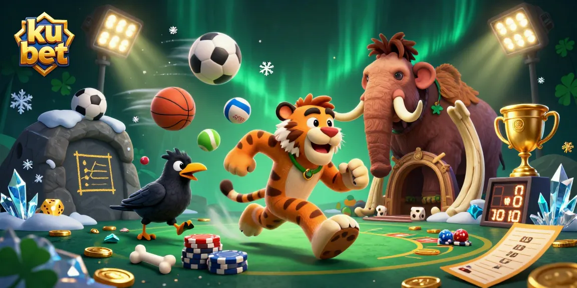 Engage in thrilling bets with ku bet at this vibrant prehistoric casino scene.