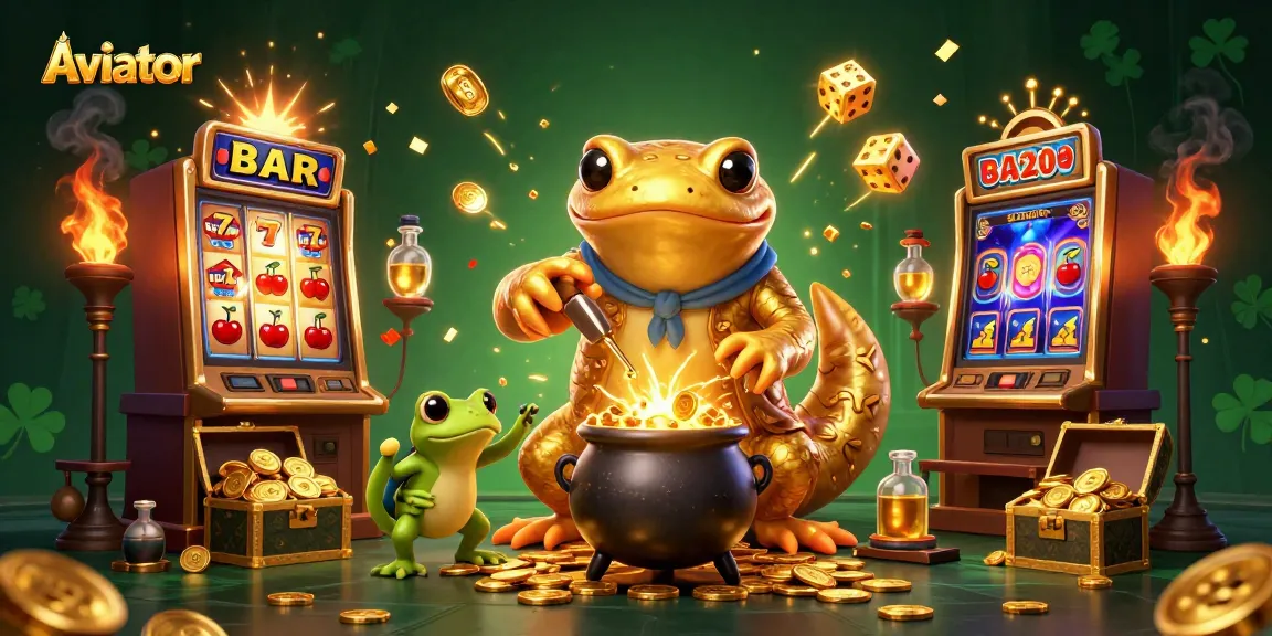 Aviator game visual, featuring gold coins, slot machines, and charming 3D characters in a dynamic casino scene.