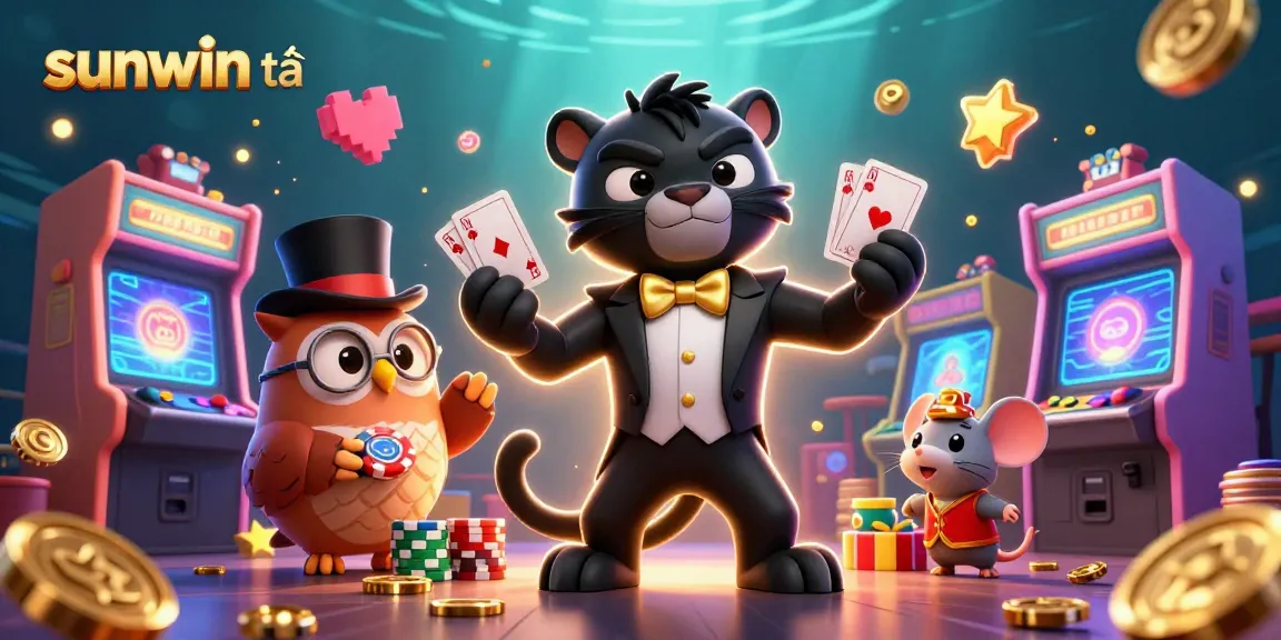 Engage with sunwin tải as a stylish panther deals cards, surrounded by vibrant casino elements.