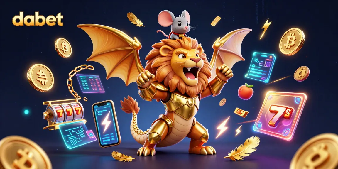 Dabet players win big with a roaring chimera in a vibrant casino scene, featuring slot reels and crypto elements.