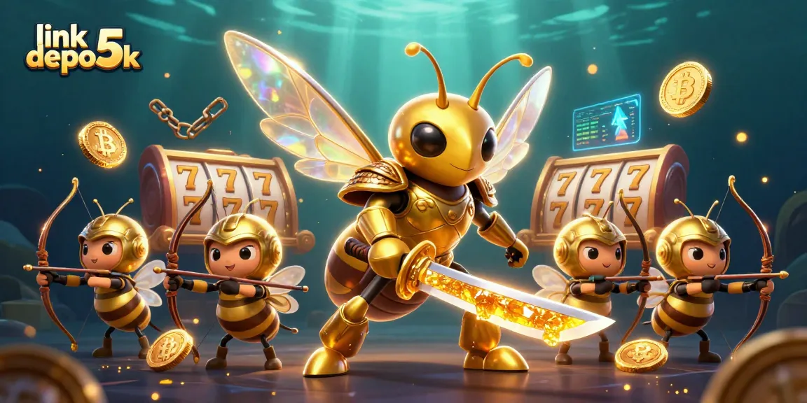 Win big with link depo 5k in this vibrant 3D illustration featuring dynamic slot reels and vibrant crypto elements.