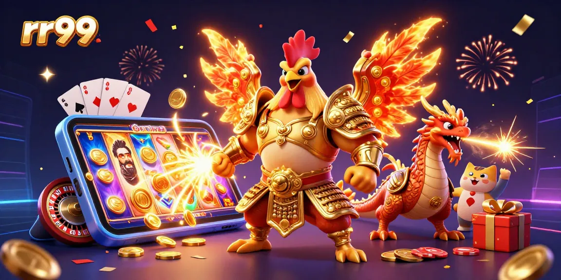 Experience thrilling action and excitement at rr99 with a dynamic 3D casino scene featuring iconic game elements.