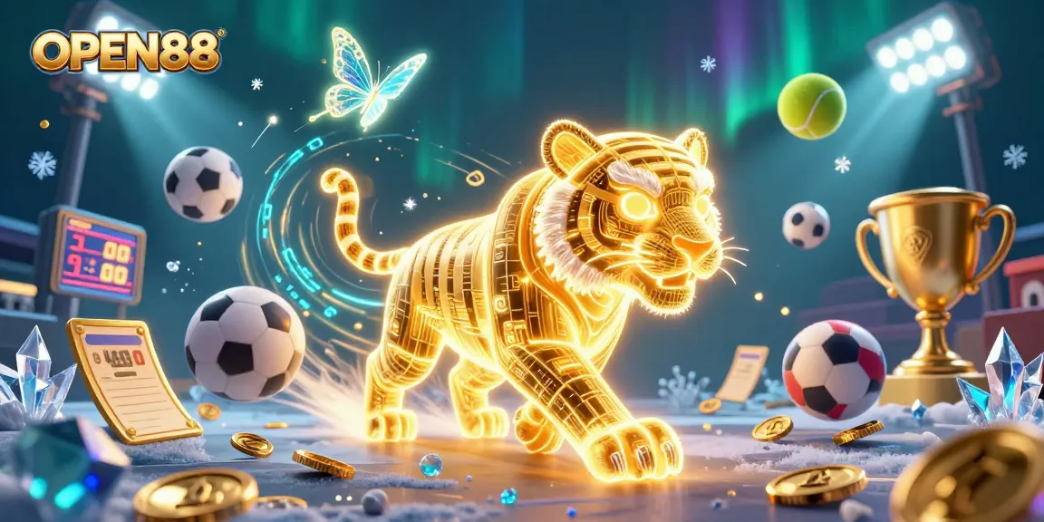 Play thrilling games at OPEN88 with an active golden tiger, vibrant sports elements, and luxurious casino atmosphere.