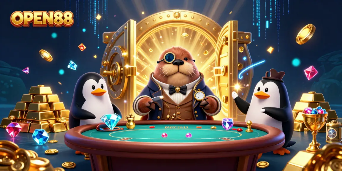 Experience thrilling gameplay with OPEN88 at an underwater poker table with a jolly polar walrus and dealer.