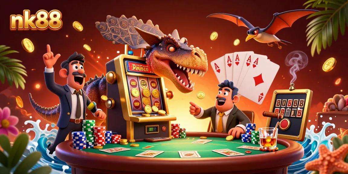 Experience the thrill of nk88 with a cartoon dinosaur celebrating a jackpot win!