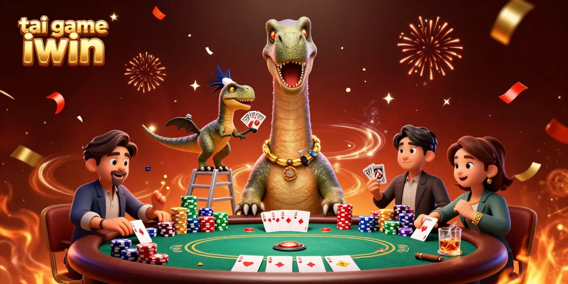 Engage with tai game iwin in this vibrant scene featuring a dinosaur and raptor at the casino card table.