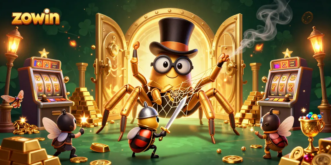 Zowin's vibrant slot scene featuring a golden tarantula and knight amid treasure vaults.