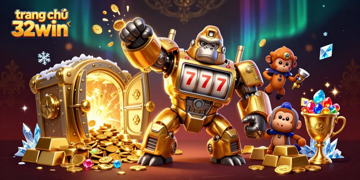 Experience winning at trang chủ 32win with a dazzling 3D illustration of a golden mech and treasure.