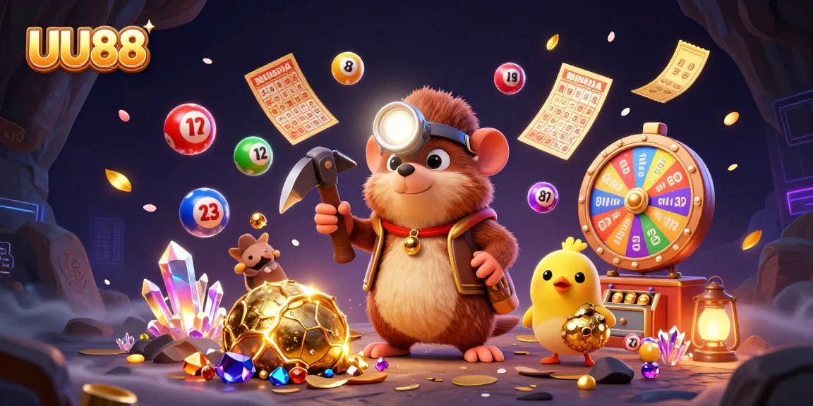 UU88 evokes excitement with a treasure hunting mole and vibrant lottery elements in a digital casino