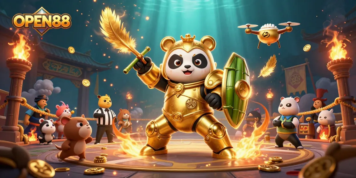 OPEN88 engages players in an exciting 3D casino arena with a mech-suit panda battling and swirling golden elements.