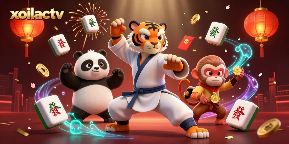 Xoilactv showcases a vibrant, dynamic illustration of a kung fu tiger master surrounded by gambling elements like mahjong tiles and festive lanterns.