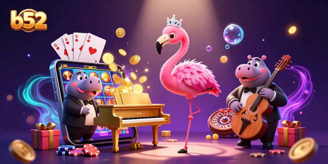 B52 showcases a vibrant gaming scene with colorful slot games and engaging characters.