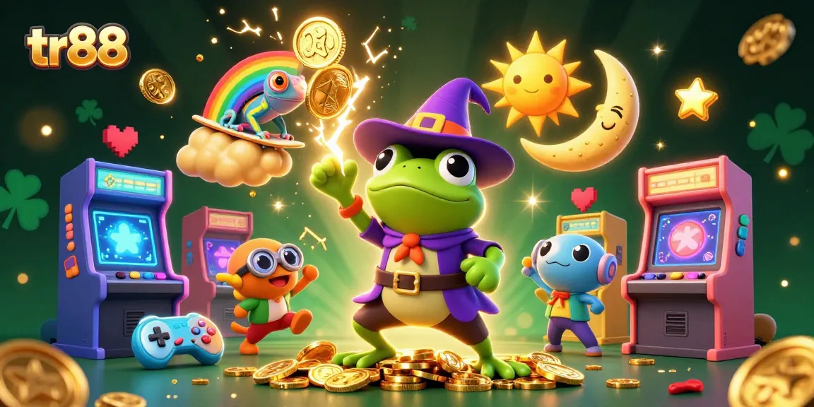 Tr88 frog wizard conjuring golden coins in a vibrant 3D casino scene with rainbow chameleon.